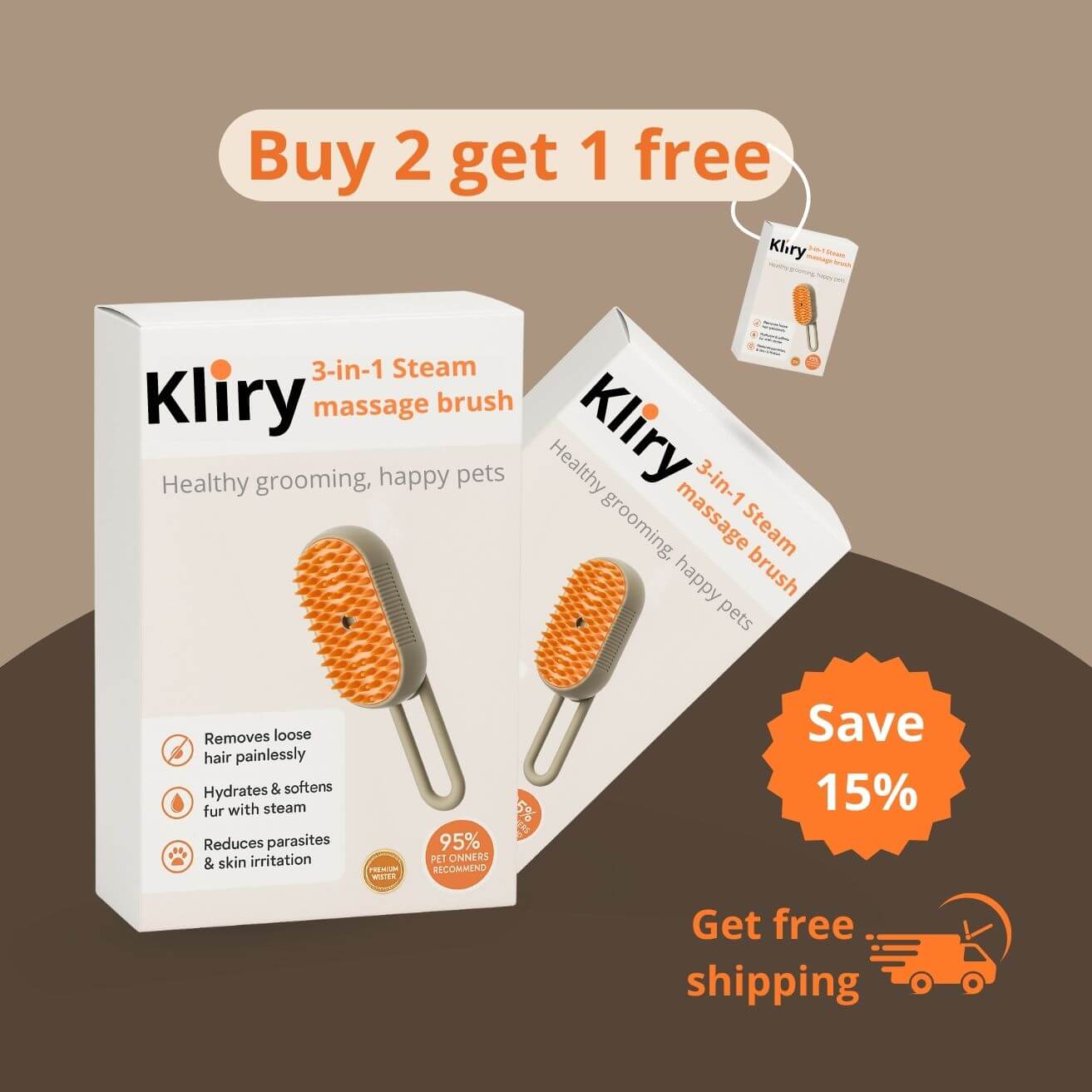 Kliry™ 3-in-1 steam brush for pets.